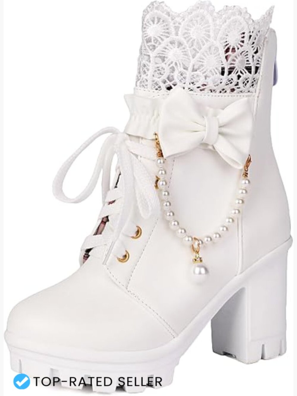 Pearl Chain Platform Boots Chunky High Heel Lace Up Goth Combat Ankle Boots Zip